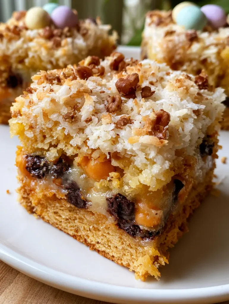Close-up macro shot of a 7 Layer Bar featuring a golden graham crust and gooey condensed milk binder with orange butterscotch chips and dark chocolate. (7 Layer Bars)