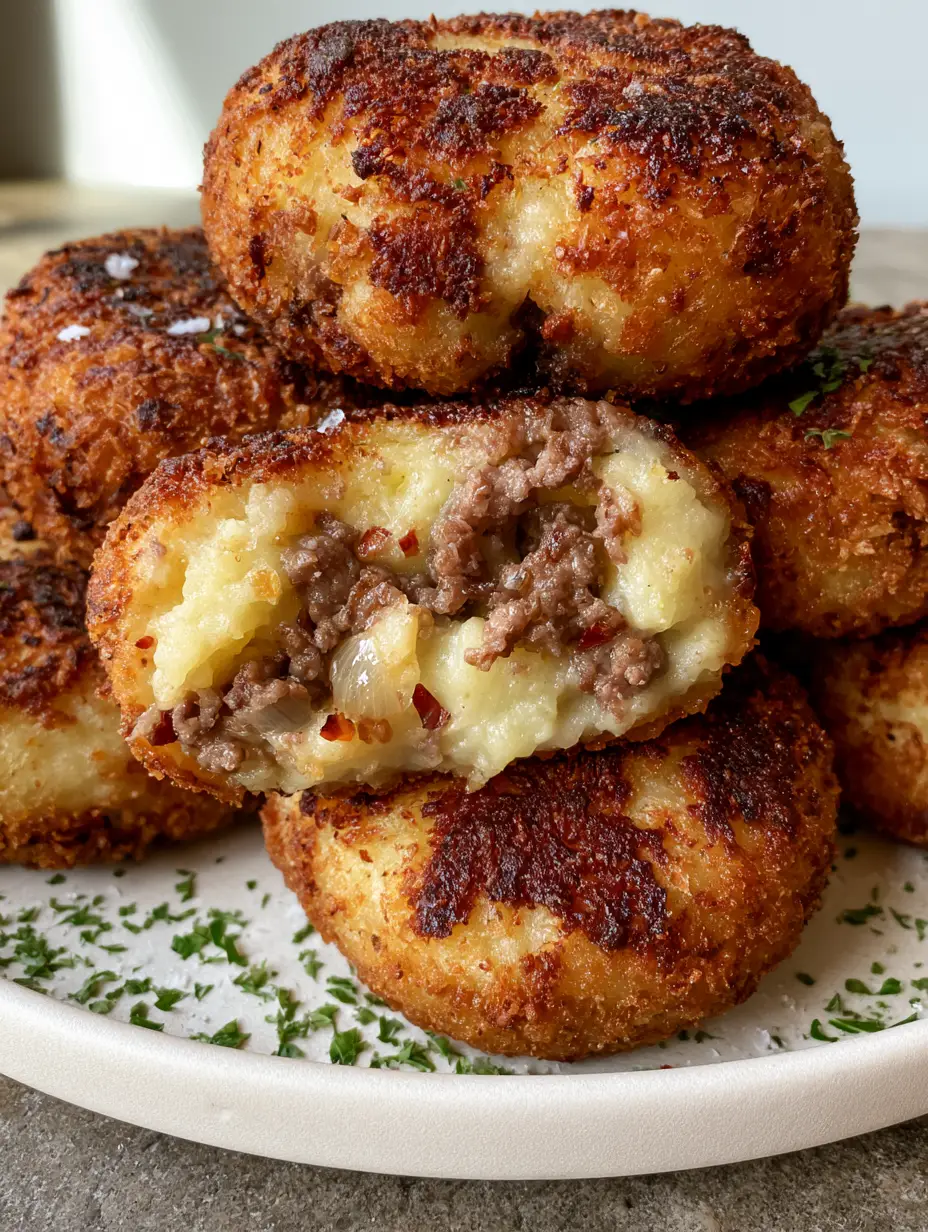 Close-up of a broken Spicy Garlic Beef Croquette showing the steaming filling of mashed potatoes, ground beef, garlic, and chili flakes.