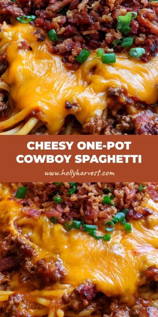 A deep skillet overflowing with Cowboy Spaghetti, featuring thick noodles, melted orange cheddar, and crispy bacon bits. (Cowboy Spaghetti)