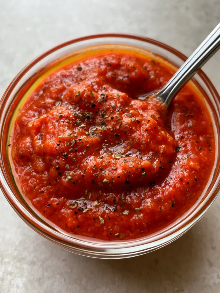 Homemade Pizza Sauce: The Ultimate Smooth and Hearty Recipe 2 A handheld smartphone photo of Homemade Pizza Sauce in a clear glass bowl on a grey stone countertop, featuring visible black pepper and oregano speckles.