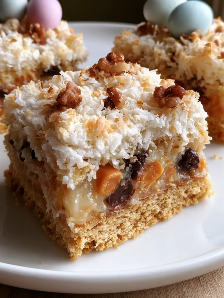 Handheld smartphone photo of a plate of 7 Layer Bars garnished with pastel candy-coated eggs under natural window lighting.