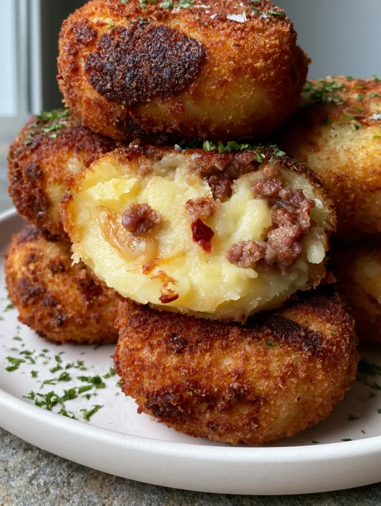 A stack of deep-fried Spicy Garlic Beef Croquettes on a matte ceramic plate against a gray stone background.