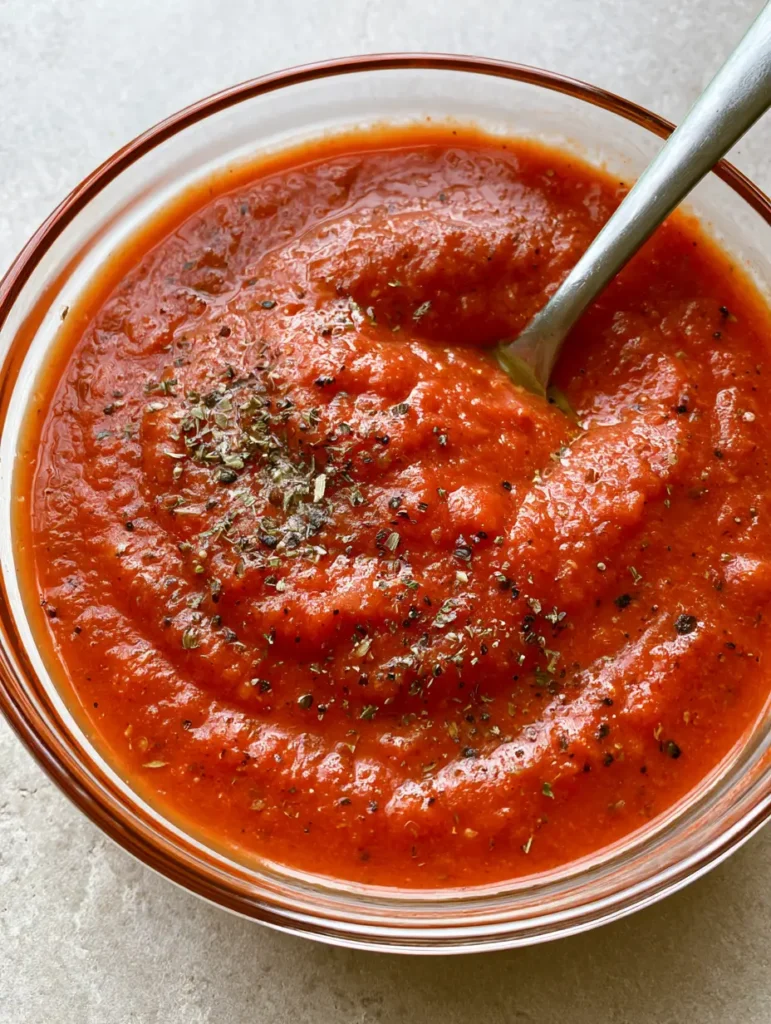 Homemade Pizza Sauce: The Ultimate Smooth and Hearty Recipe 1 A silver spoon resting in a bowl of Homemade Pizza Sauce, demonstrating the thick red tomato puree and smooth consistency.