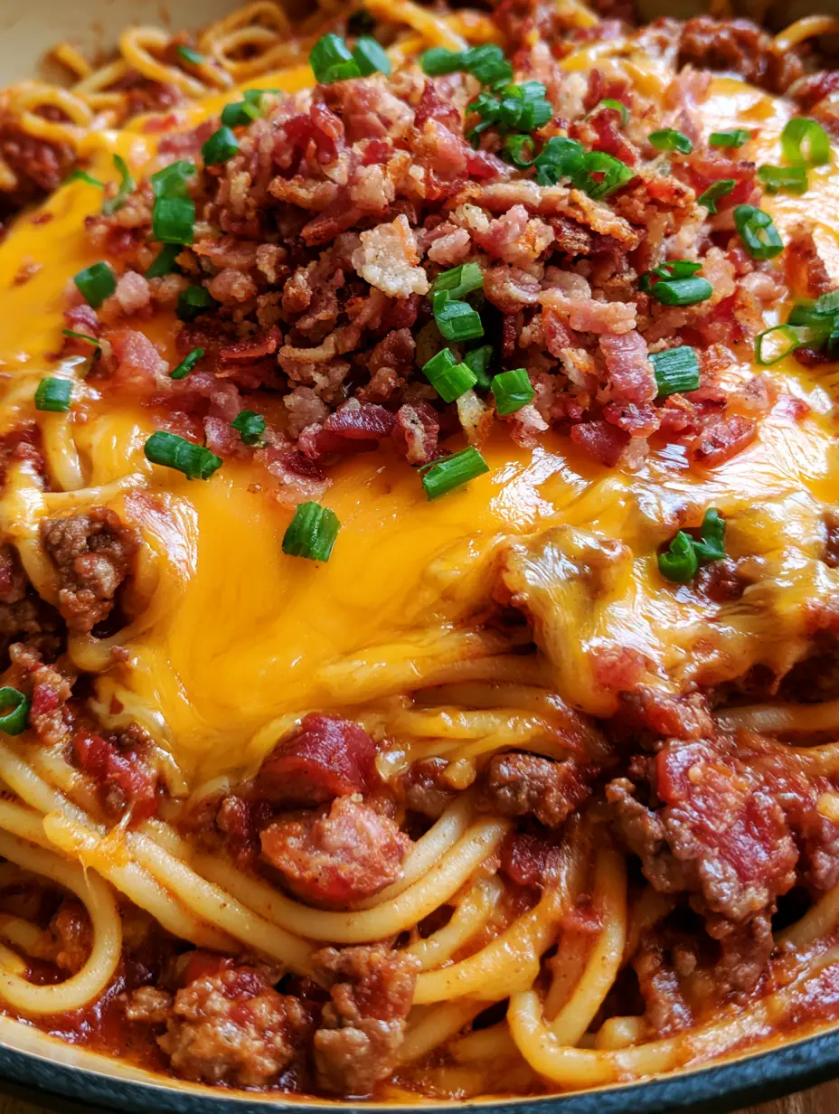 Close-up of chunky tomato meat sauce with ground beef and sausage crumbles for Cowboy Spaghetti. (Cowboy Spaghetti)