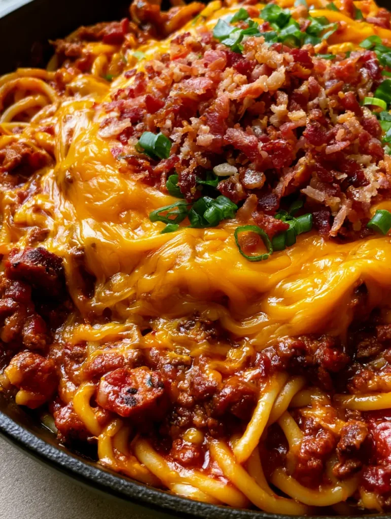 Melted sharp orange cheddar cheese covering thick spaghetti noodles and bacon. (Cowboy Spaghetti)