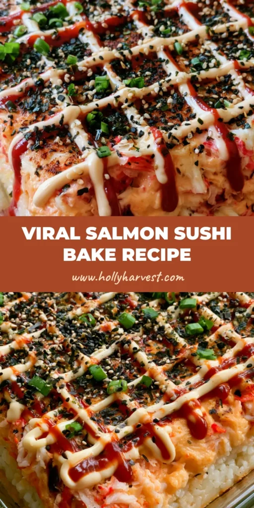A layered Salmon Sushi Bake in a Pyrex dish with a charred top, sriracha drizzle, and furikake garnish.