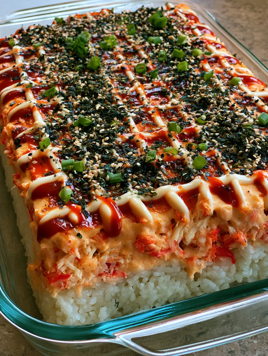 Close up of Salmon Sushi Bake layers showing seasoned rice and creamy salmon filling in a glass dish.