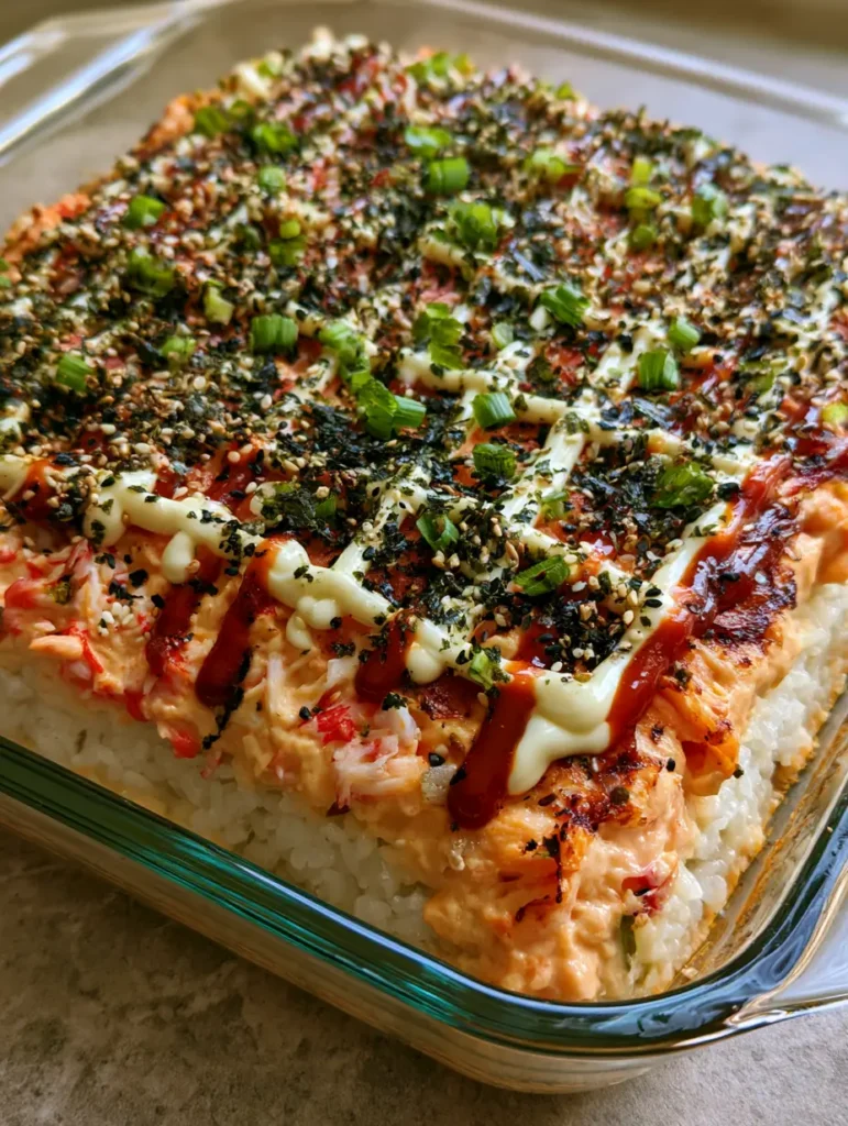 Overhead shot of Salmon Sushi Bake with a charred bubbly top and precise sriracha mayo grid.