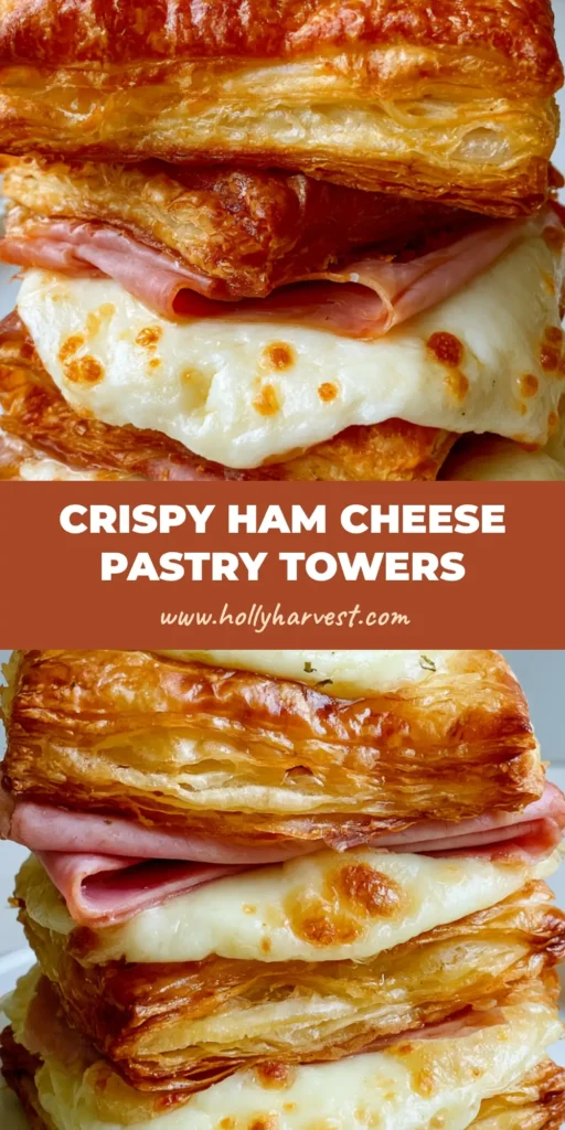 A vertical stack of three square layers of Ham and Cheese Puff Pastry with melted bubbly white cheese and herb flakes.