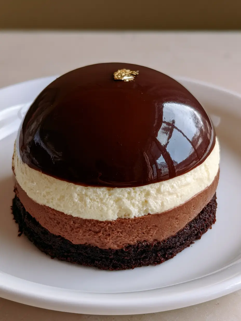 A handheld smartphone photo of a Triple Chocolate Mousse Dome on a white ceramic plate, showing the high-gloss reflection and crisp biscuit base.