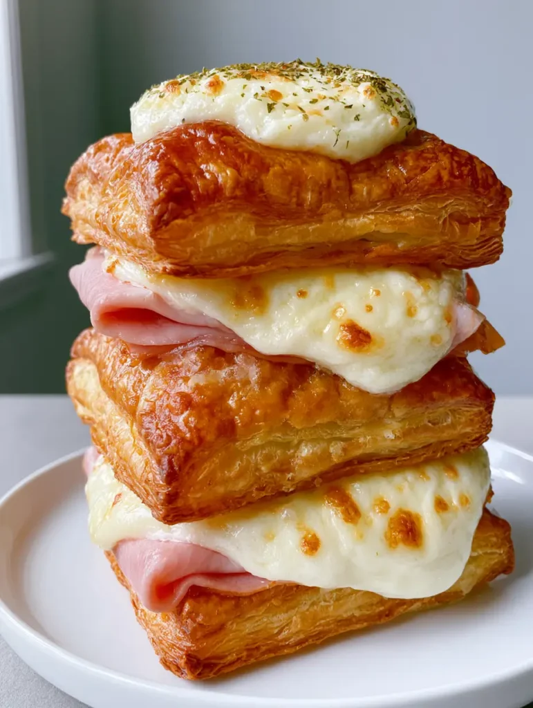 Close-up of golden-brown flaky puff pastry layers with melted white cheese bubbles. (Ham and Cheese Puff Pastry)