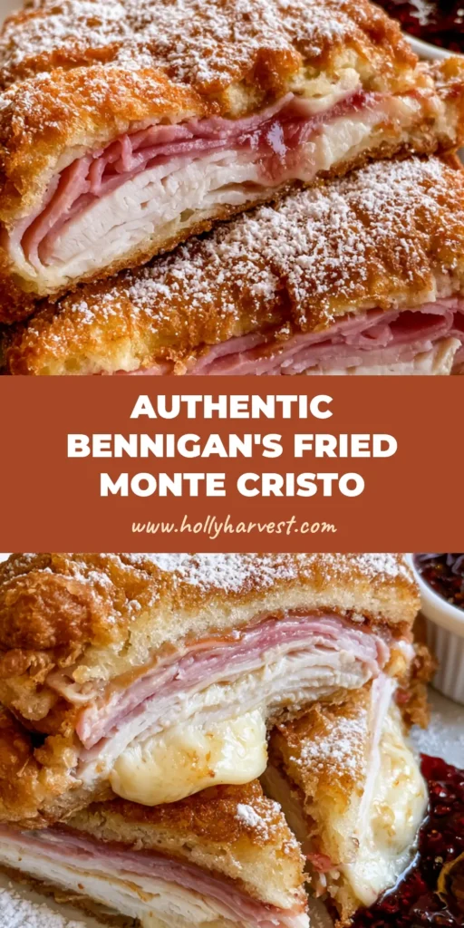 Monte Cristo Recipe: The Ultimate Deep-Fried Sweet and Savory Sandwich 4 A close-up of a deep-fried Monte Cristo sandwich sliced into triangles with a heavy dusting of powdered sugar and raspberry jam. (Monte Cristo Recipe)