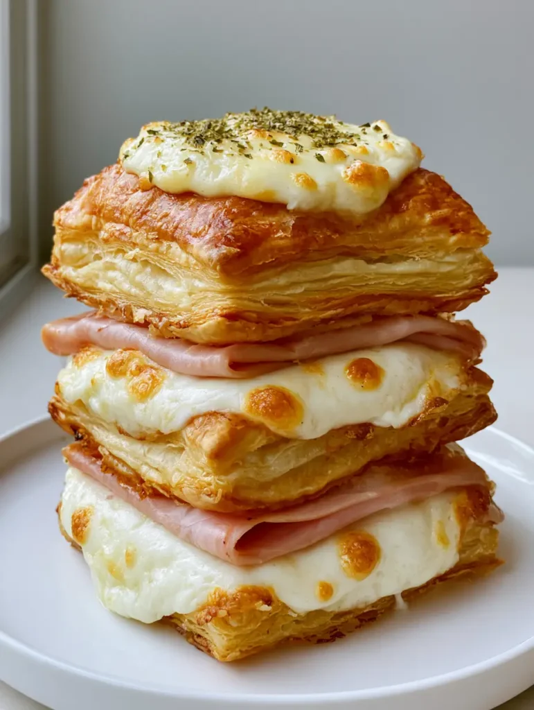 Side view of a triple-stack Ham and Cheese Puff Pastry on a white plate.