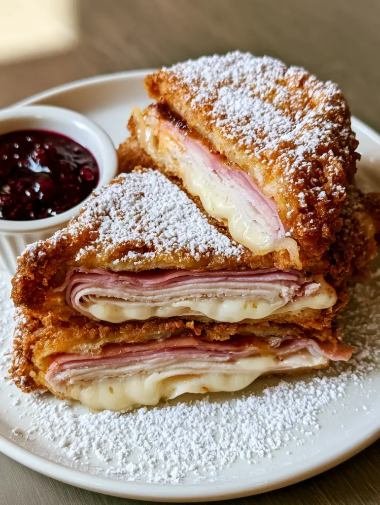Top view of a sliced Monte Cristo sandwich revealing layers of ham, turkey, and melted Swiss cheese. (Monte Cristo Recipe)
