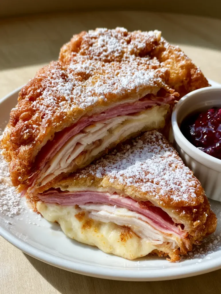Monte Cristo Recipe: The Ultimate Deep-Fried Sweet and Savory Sandwich 1 Close-up of the textured golden-brown deep-fried batter on a Monte Cristo sandwich. (Monte Cristo Recipe)