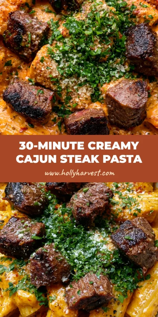 Top-down view of a bowl of Cajun Steak Pasta with rigatoni, charred steak tips, and fresh parsley.