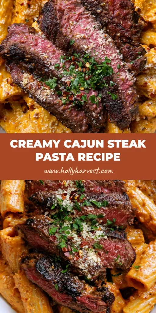 Cajun Steak Pasta with a Creamy Parmesan Sauce 5 A top-down view of a white bowl filled with orange Cajun Steak Pasta, topped with thick slices of medium-rare steak, parmesan, and fresh parsley.