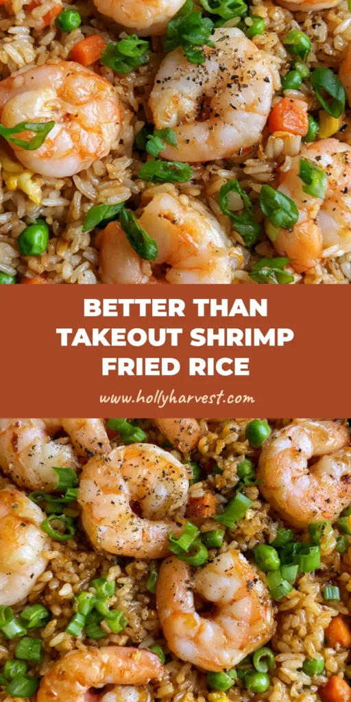 Top-down shot of shrimp fried rice in a black cast iron skillet featuring seared pink shrimp, golden jasmine rice, green peas, and diced carrots. (Shrimp Fried Rice)