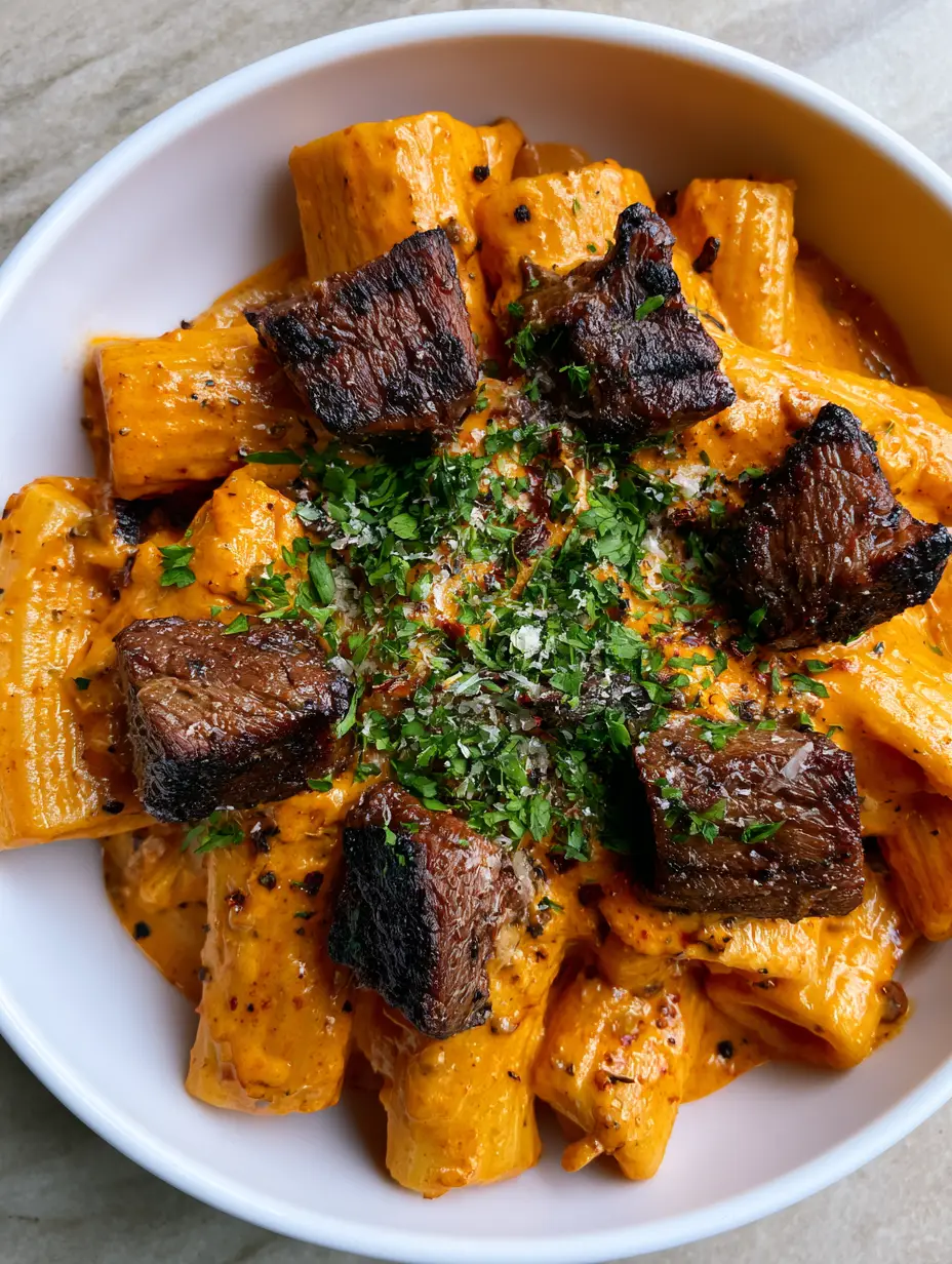 Close-up of Cajun Steak Pasta showing glossy orange sauce, charred steak, and red spice flakes.