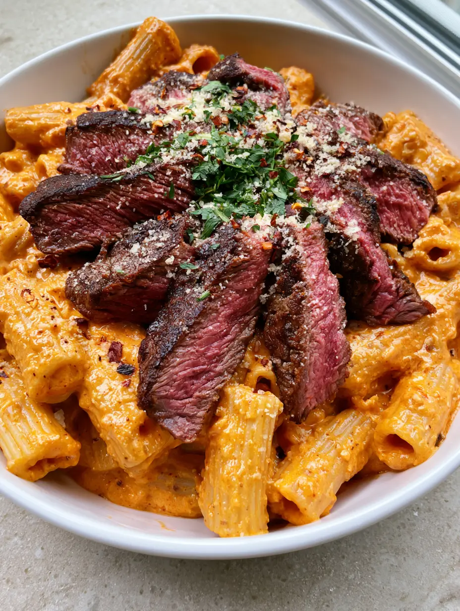 Cajun Steak Pasta with a Creamy Parmesan Sauce 4 A close-up high-angle shot of a white bowl with rigatoni in glossy orange Cajun sauce and seared steak slices showing a pink center. (Cajun Steak Pasta)
