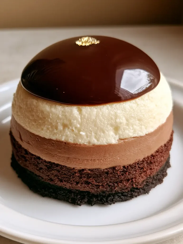 Close up of the Triple Chocolate Mousse Dome showcasing the three distinct internal layers of dark, milk, and white chocolate.