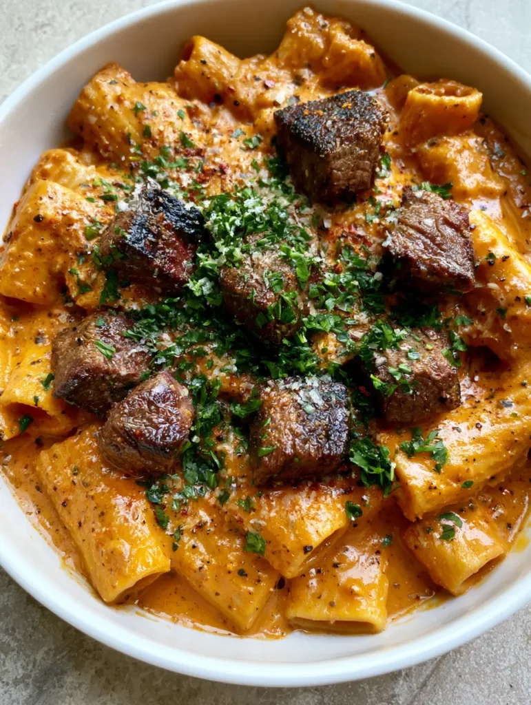 Bowl of Cajun Steak Pasta garnished with grated parmesan and fresh parsley.