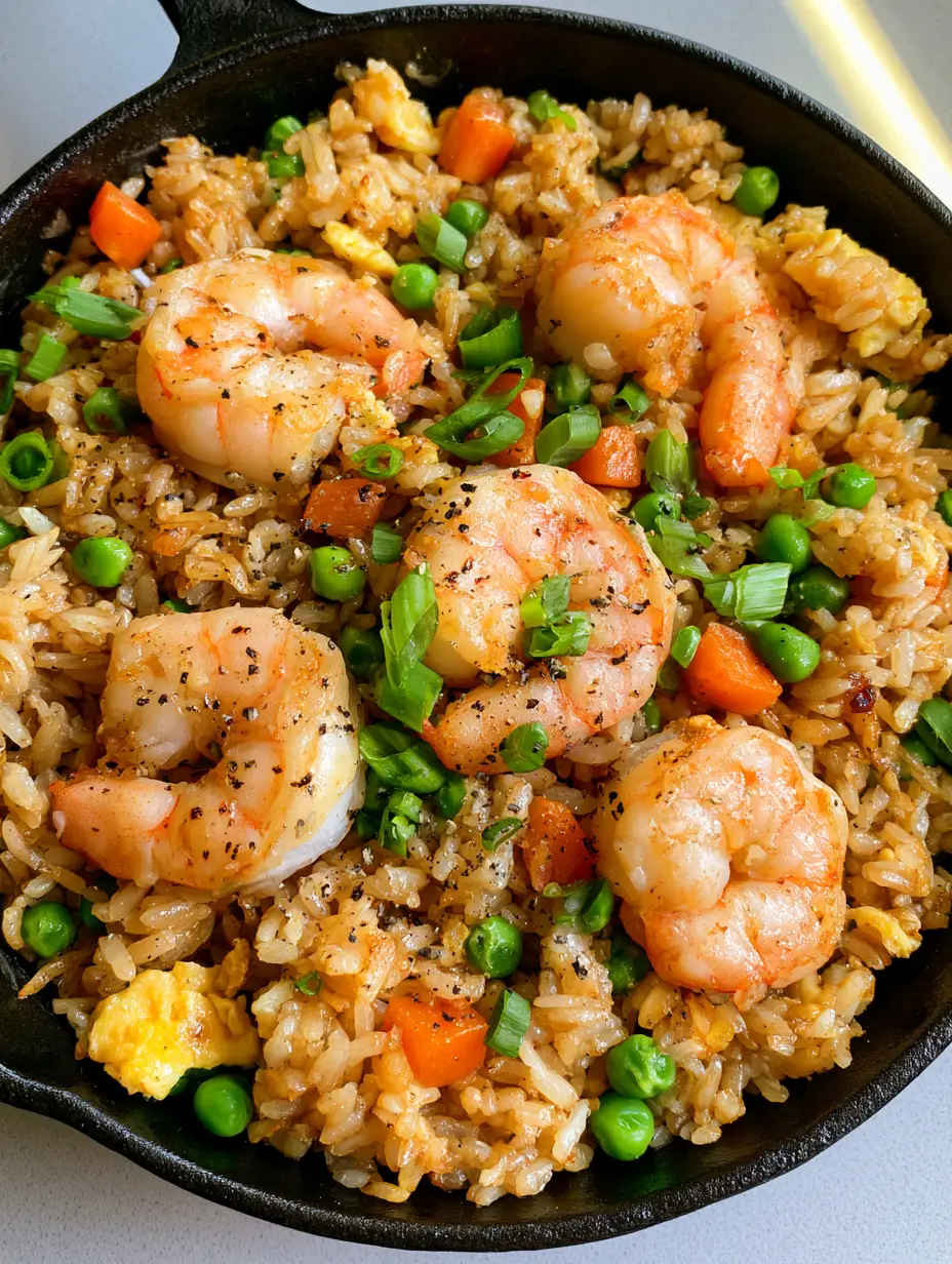 Close-up of succulent pink shrimp with char marks on top of glistening golden-brown jasmine rice. (Shrimp Fried Rice)