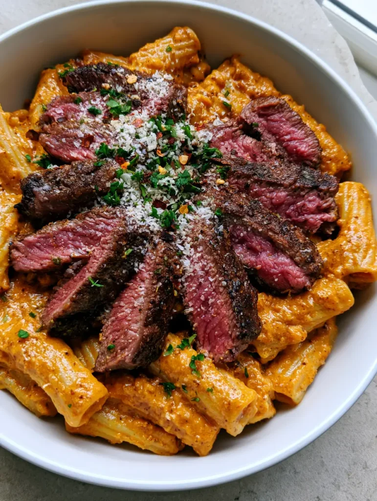 Cajun Steak Pasta with a Creamy Parmesan Sauce 1 Steak slices with dark char marks and a pink medium-rare center arranged over creamy orange pasta. (Cajun Steak Pasta)