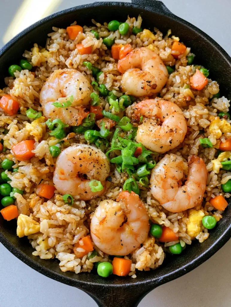 Individual grains of jasmine rice coated in soy sauce glaze with vibrant peas and carrots. (Shrimp Fried Rice)
