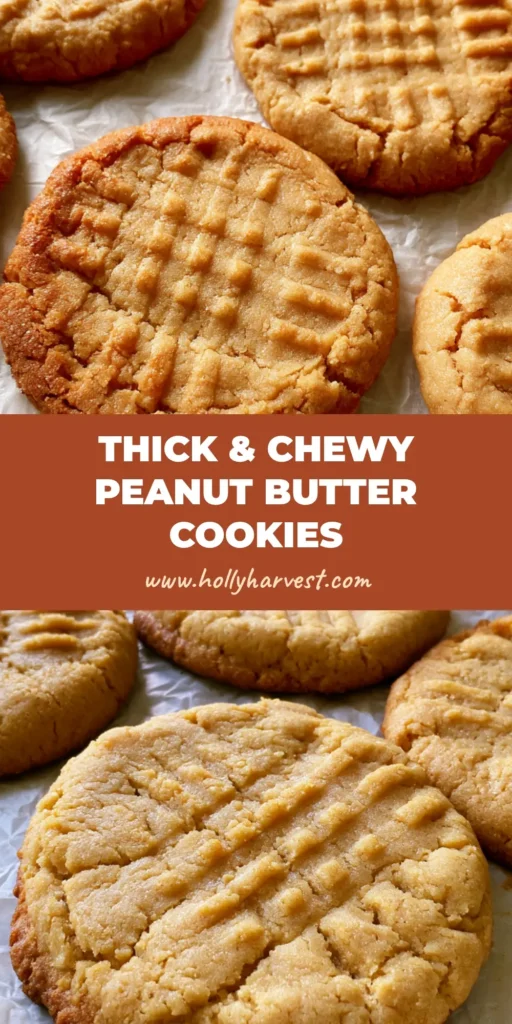 A batch of Thick and Chewy Peanut Butter Cookies with deep crosshatch marks on white parchment paper and a silver tray.
