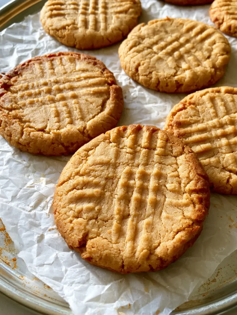 Close up shot of several Thick and Chewy Peanut Butter Cookies showing the matte center and golden toasted edges.
