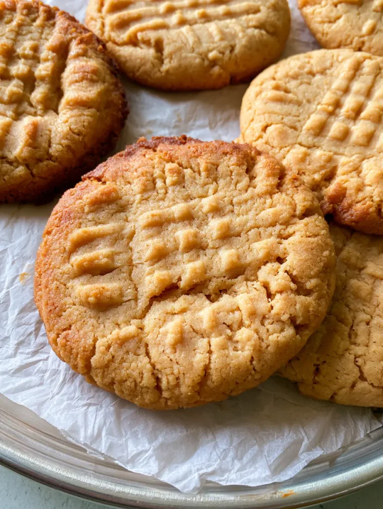 Overhead view of thick peanut butter cookies on a silver baking sheet with crinkled parchment paper.