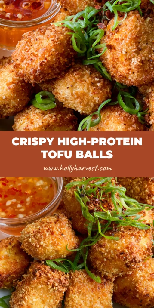 A close-up shot of crispy, golden-brown Air Fryer Tofu Balls in a white ceramic bowl garnished with green scallions and chili flakes.
