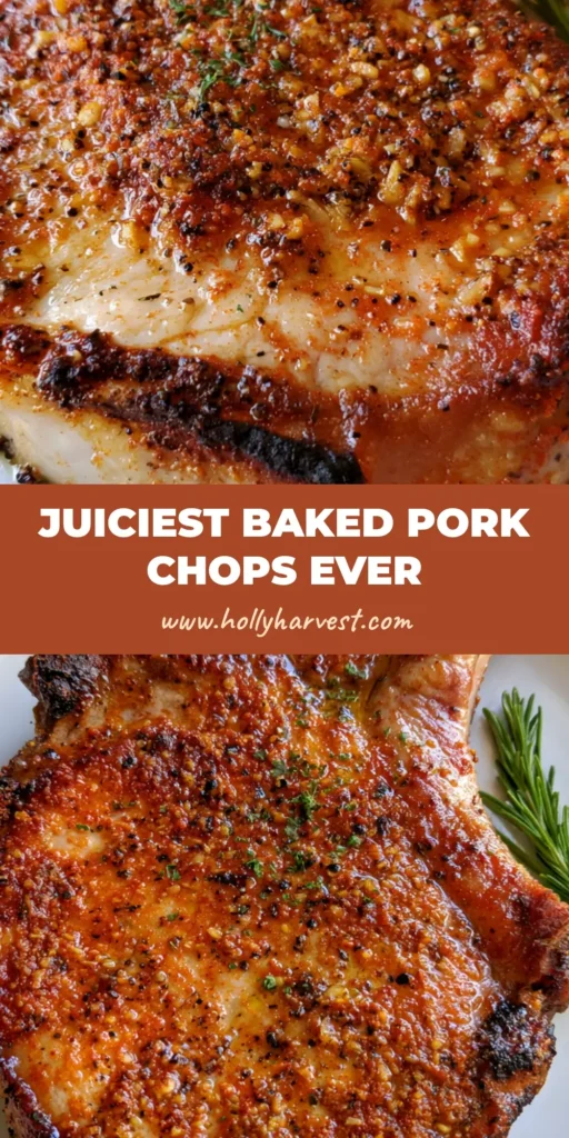 Juicy Baked Pork Chops: The Ultimate Guide to Tender Bone-In Perfection 4 A thick-cut bone-in pork chop on a white plate with a deep orange paprika rub, fresh rosemary, and a glistening butter glaze. (Juicy Baked Pork Chops)