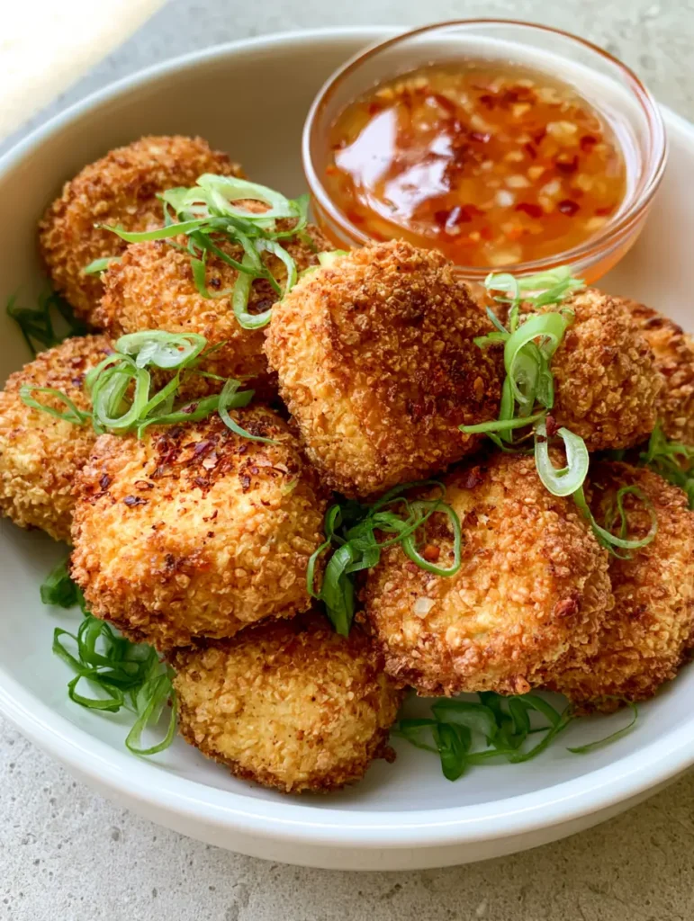 A handheld smartphone photo of golden-brown Air Fryer Tofu Balls with a deeply textured craggy exterior.