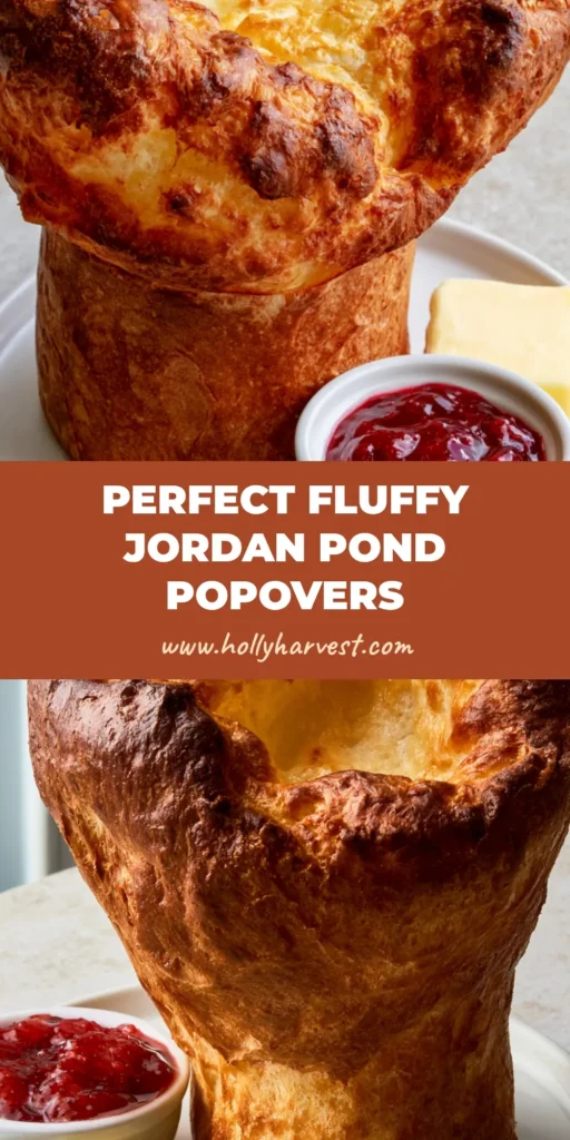 A towering Jordan Pond House Popover on a white plate with strawberry jam and butter. (Jordan Pond House Popovers)