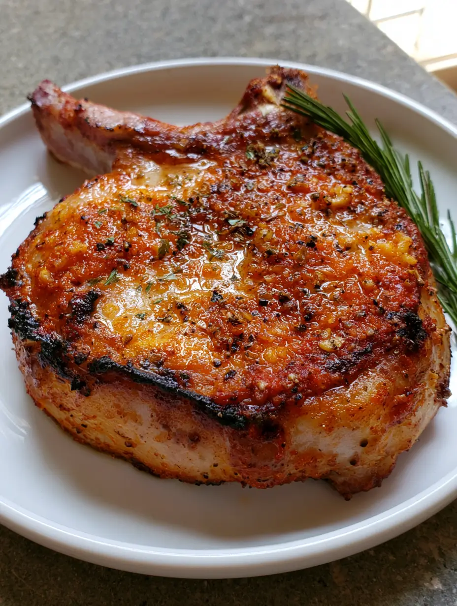 Juicy Baked Pork Chops: The Ultimate Guide to Tender Bone-In Perfection 3 Close up shot of a seared bone-in pork chop showing the caramelized edges and garlic granule texture. (Juicy Baked Pork Chops)