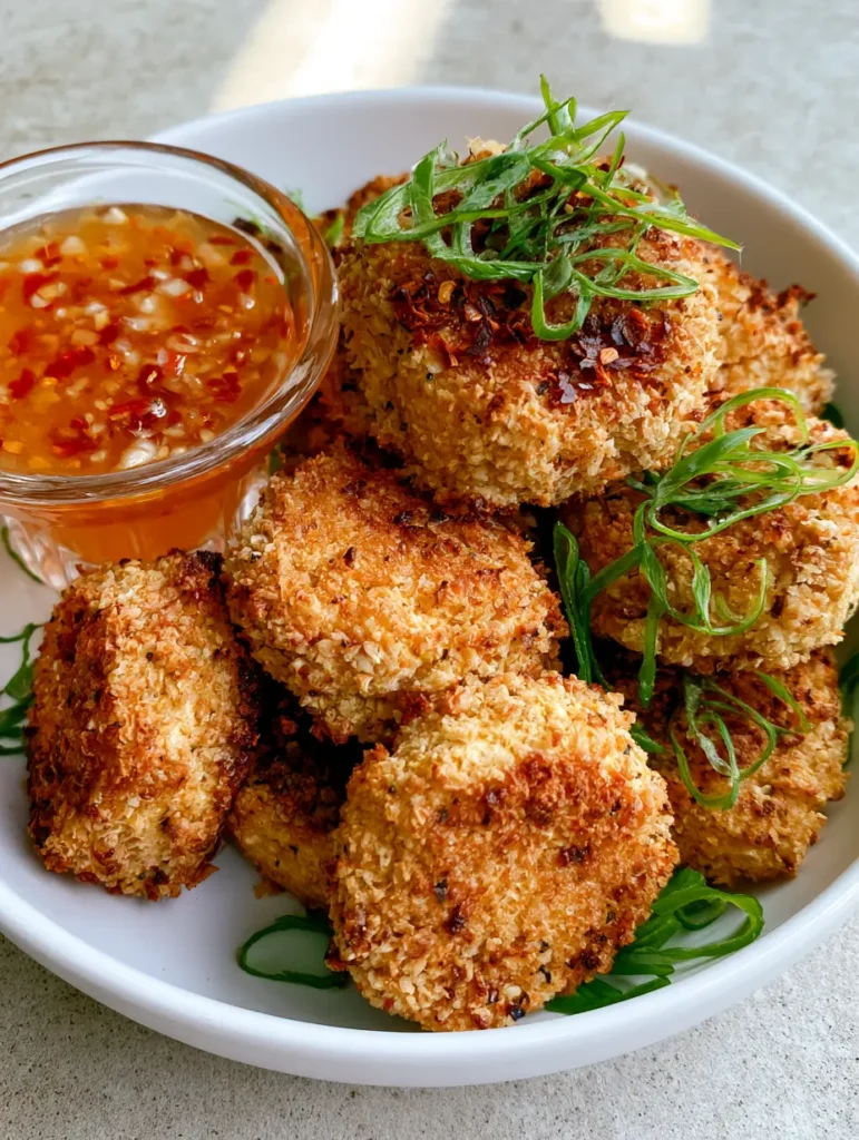 Air Fryer Tofu Balls served with a thick orange-red sweet chili garlic sauce in a glass ramekin.