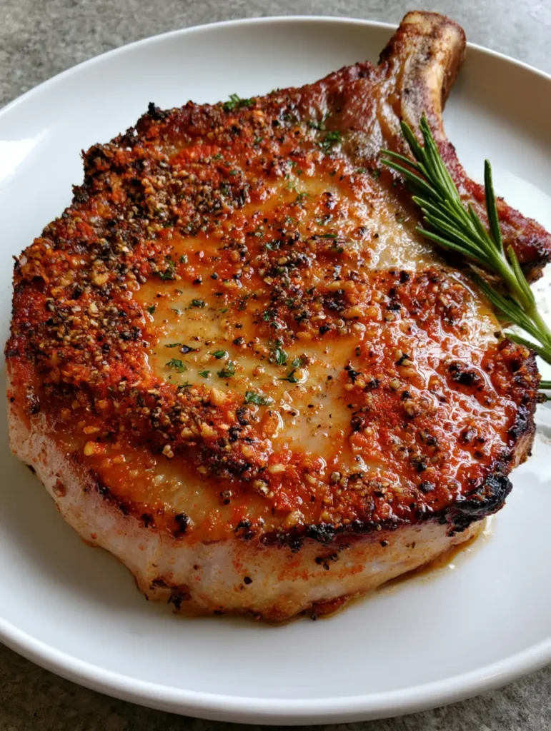 Juicy Baked Pork Chops: The Ultimate Guide to Tender Bone-In Perfection 1 Overhead view of a thick-cut pork chop with a rosemary sprig and dried parsley garnish. (Juicy Baked Pork Chops)