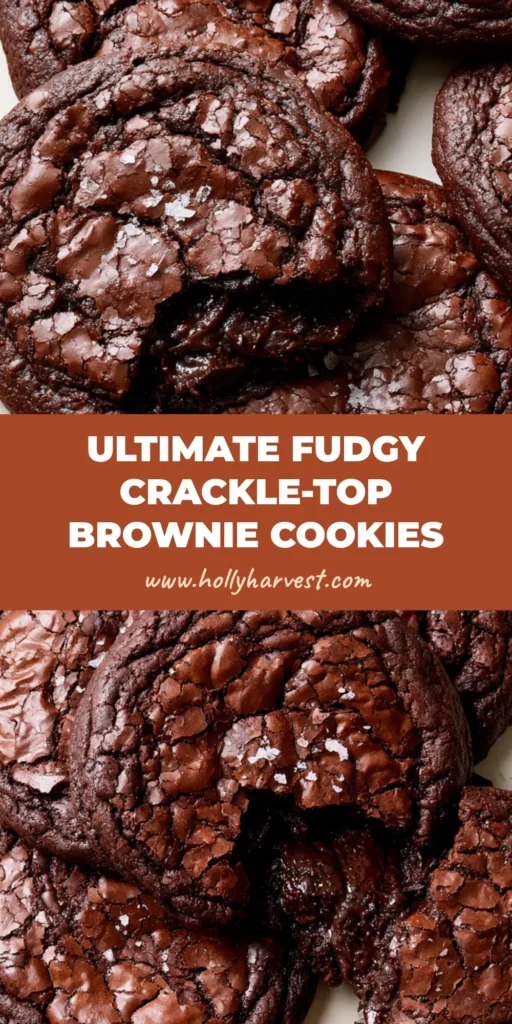 Fudgy Brownie Cookies: The Ultimate Recipe for a Shiny Crackled Top 4 A close-up shot of thick Fudgy Brownie Cookies with a shiny crackled top and flaky sea salt on a ceramic plate.