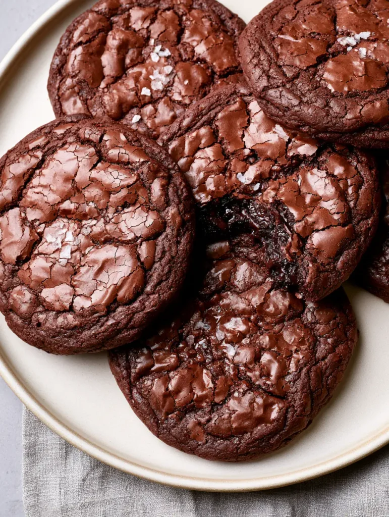 Top-down view of Fudgy Brownie Cookies showing the deep rich chocolate crevices and paper-thin crust.