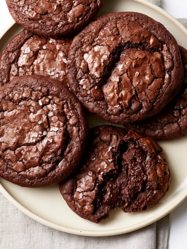 Fudgy Brownie Cookies: The Ultimate Recipe for a Shiny Crackled Top 1 A broken-open Fudgy Brownie Cookie revealing a dense and gooey chocolate interior.