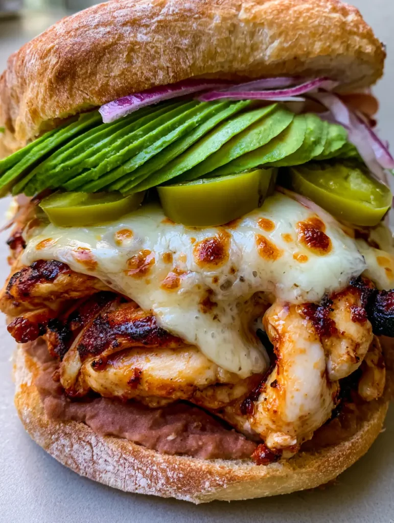 Close-up of charred grilled chicken strips with melted white cheese for a Chicken Torta Recipe.