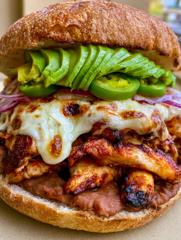 Chicken Torta Recipe: The Ultimate Mexican Grilled Chicken Sandwich 1 Stacked Chicken Torta Recipe showing layers of refried beans, avocado, and pickled jalapeños.
