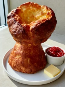 Close up of a single golden-brown popover with a craggy crust and airy top. (Jordan Pond House Popovers)