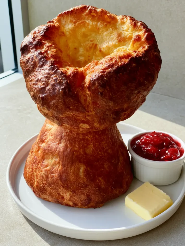 Close up of a single golden-brown popover with a craggy crust and airy top. (Jordan Pond House Popovers)