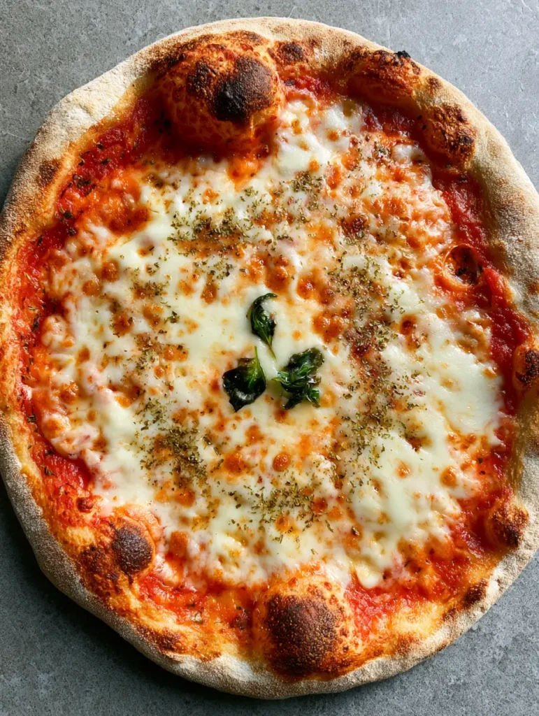 Top-down view of a Sourdough Discard Pizza Crust featuring golden-brown charred air bubbles and a flour-dusted rim.