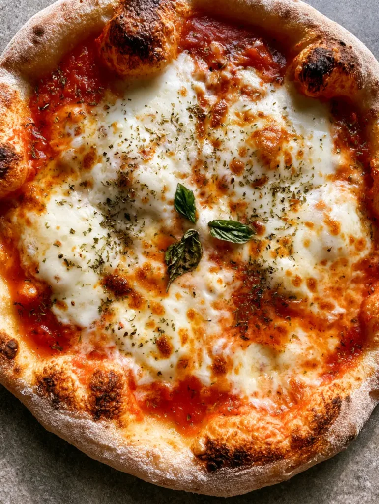 Sourdough Discard Pizza Crust: The Ultimate Thin and Crispy Artisan Recipe 1 Close-up of bubbly mozzarella cheese with toasted spots on a Sourdough Discard Pizza Crust.