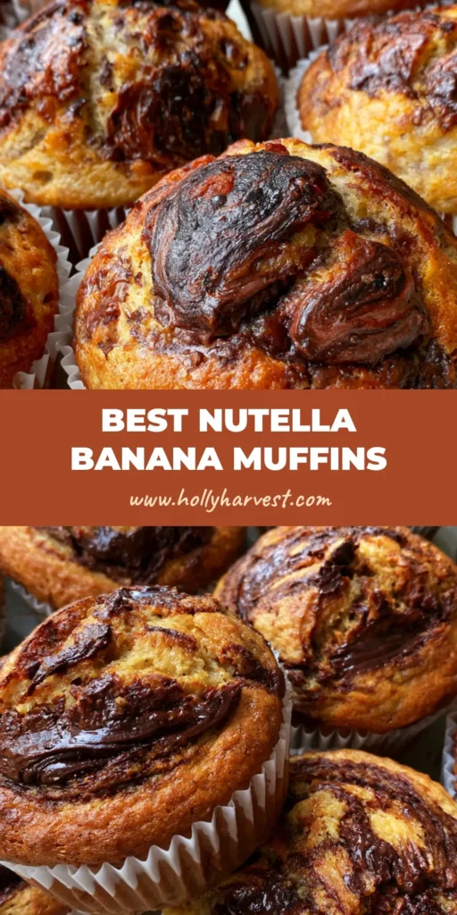 A cluster of freshly baked Nutella Banana Muffins in white paper liners with dark chocolate hazelnut swirls on a stone countertop.