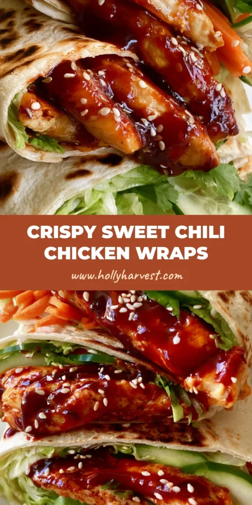 Three toasted flour tortilla wraps stacked on a white plate, filled with glossy red sweet chili chicken, matchstick carrots, and thick cucumber slices. (Sweet Chili Chicken Wraps)